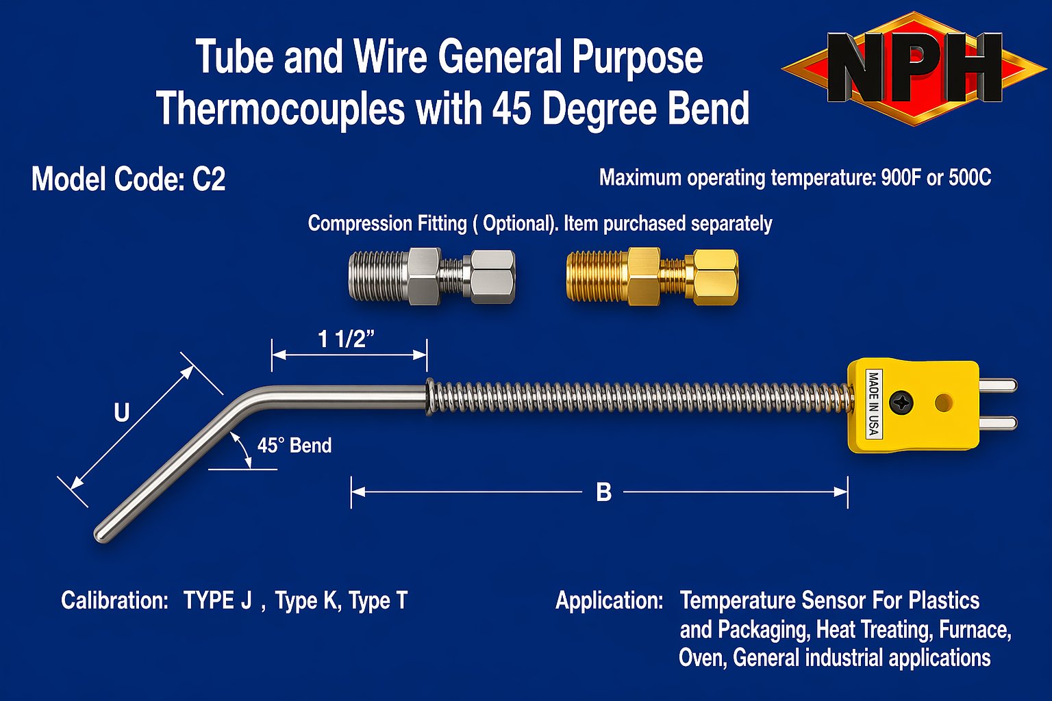 NPH General Purpose Thermocouple-45 Bend-C2